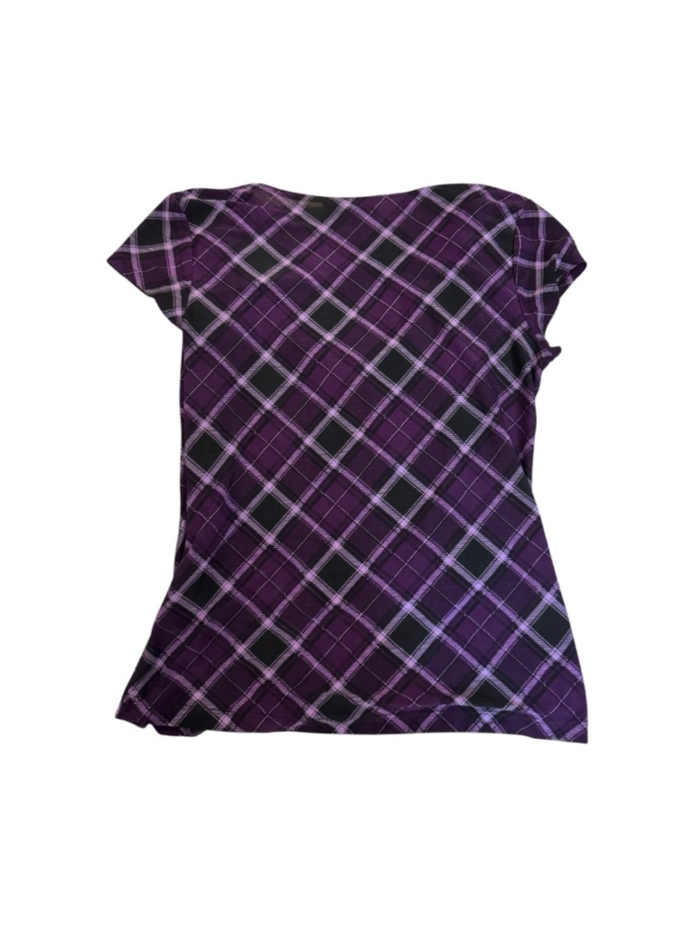 Plaid Cowl-Neck Short Sleeve Top in Purple - Picture 5 of 7